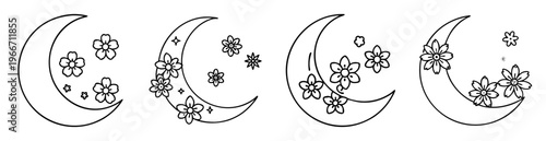 Various crescent moon designs with flowers and star elements in black and white