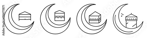 Line art illustration of four crescent moons embracing holy Kaaba icons