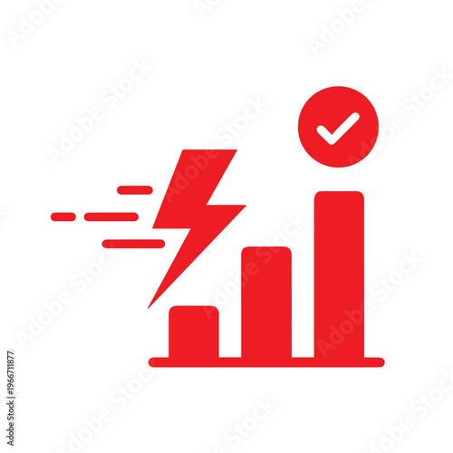 Red bar chart visualization shows fast energy performance results marked by a speedy lightning bolt and confirmation circle icon.