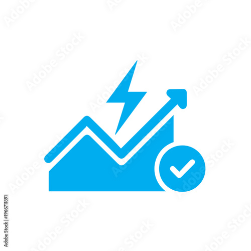 Cyan line graph icon indicates upward trend success featuring a lightning bolt symbol and a circular check mark badge.
