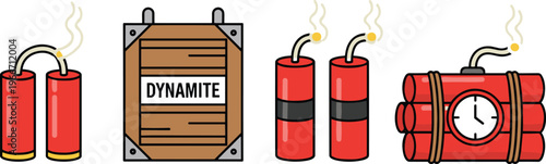 Dynamite sticks and timed explosive bundle flat vector collection