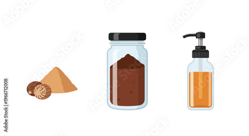 A jar of brown paste, a bottle of orange liquid, and a pile of flatbread and a wooden rolling pin.