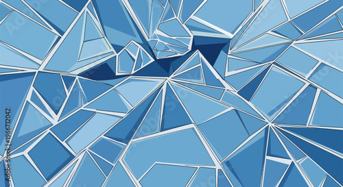 Abstract geometric pattern with various shades of blue polygons and white outlines, creating a faceted, shattered ice or crystal effect.