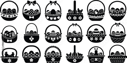 Easter Basket Silhouettes with Decorated Eggs Collection Plus Luxury Perfume Bottles Seahorse Marine Life and Figure Skating Girl in Winter Moonlit Forest Nature Vector Set