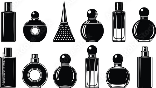 Luxury Perfume Bottle Silhouettes and Seahorse Marine Life Illustrations Combined with Figure Skating Girl Poses in Winter Forest Nature Moonlit Night Vector Art Graphics Set