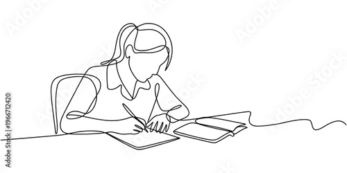 Young girl writing on the paper while studying in front of a not book. Continuous one line drawing vector illustration