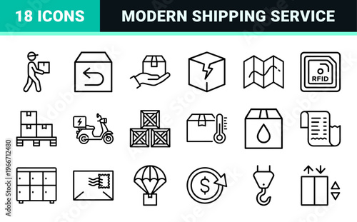 Global Logistics and Delivery Services Outline Icons, Minimalist Monoline Symbols for Supply Chain and E-commerce Shipping Management.