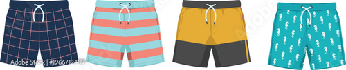 Men's swim trunks set with striped grid and seahorse patterns flat vector