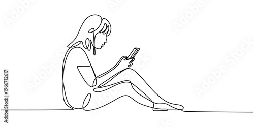 Single one line drawing young girls sitting and looking at their smartphone screen. Hangouts With Friends concept. Continuous line draw design graphic vector illustration.