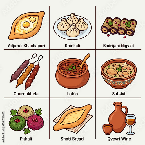 Collection of traditional Georgian cuisine dishes with text labels vector illustration