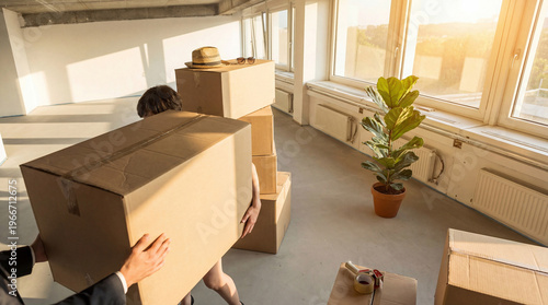 Bilde på lerret Two people carrying large cardboard boxes, moving into a sunlit, spacious empty office space for a new business venture