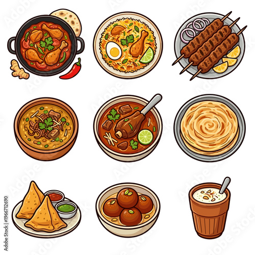 Collection of traditional Pakistani and Indian food dishes cartoon illustration isolated on white background