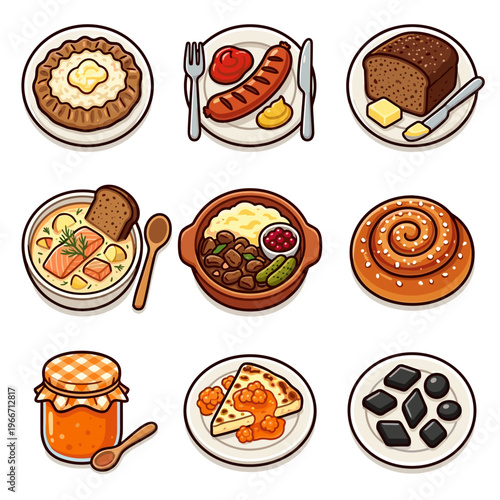 Finnish food icons set including salmon soup and rye bread vector illustration