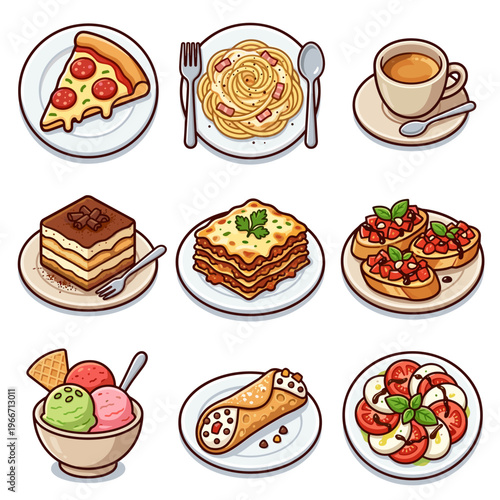 Italian food icons including pizza and pasta isolated on white vector illustration