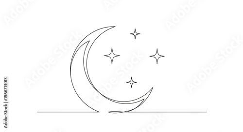 Minimalist Crescent Moon and Stars Line Art, Night Sky Celestial Illustration