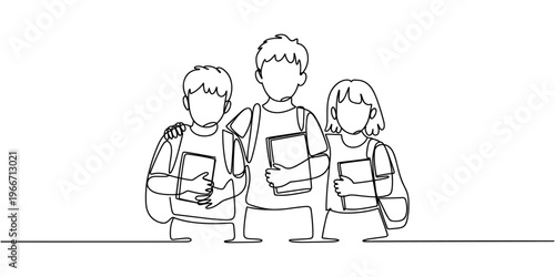 three standing school kids with books - continuous line drawing