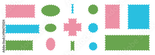 Set of vintage postage stamps.  Color rectangle frames with wiggly borders. Vector illustrations.