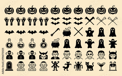 Halloween icons set with pumpkins, ghosts, witches, bats, and spooky elements in black and white vector illustration