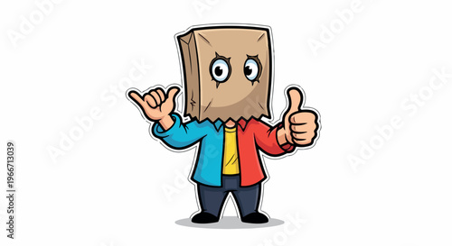 A cartoon character with a brown paper bag on its head wearing a colorful jacket and giving two thumbs up on a white background with a playful mood.