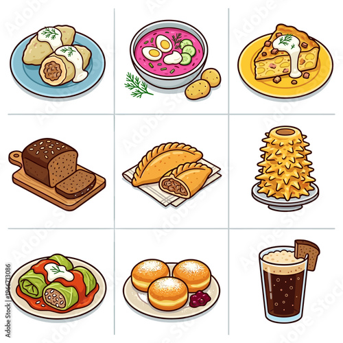 Lithuanian traditional cuisine food icons collection including cepelinai and sakotis vector illustration