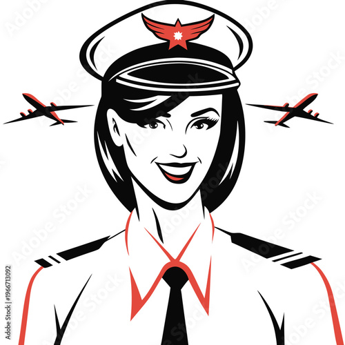 Confident smiling female airline captain wearing a professional uniform ready for travel and flight