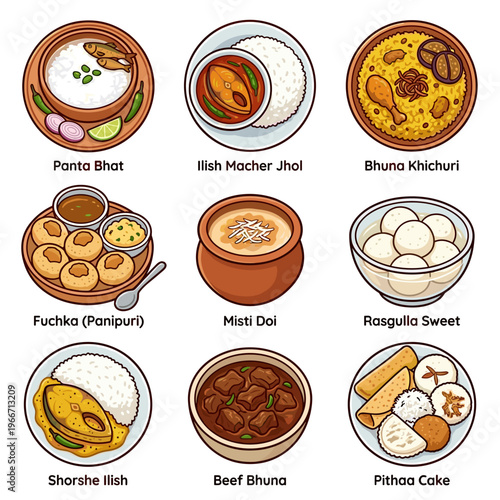 Set of nine traditional Bengali food dishes with labels isolated on white vector illustration