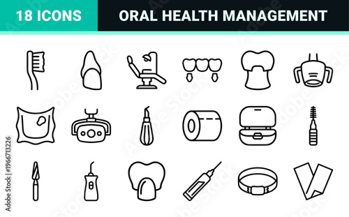 Modern Dental Clinic Monoline Outline Icons featuring Minimalist Geometric Line Art for Stomatology and Professional Oral Healthcare.