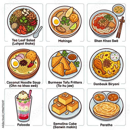 Set of traditional Burmese food dishes and snacks cartoon vector illustration