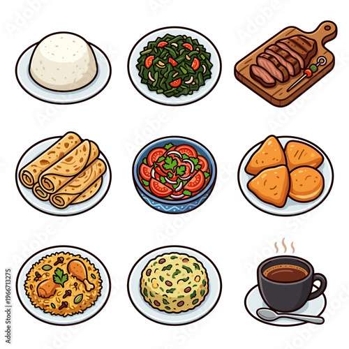 Set of traditional East African cuisine dishes isolated on white background vector illustration