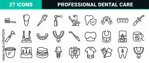 Professional Dental Care and Oral Hygiene Minimalist Monoline Outline Symbols for Clinical Stationery and Healthcare Interface Design.