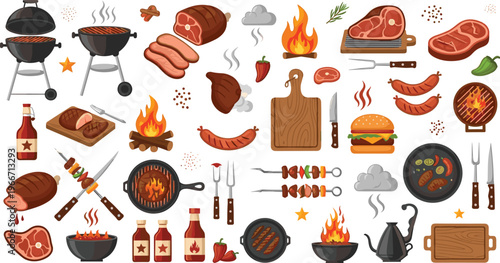 BBQ Grill and Barbecue Food Icon Set with Meat, Steak, Sausage, Fire Flame, Cooking Tools, and Outdoor Picnic Elements Collection.