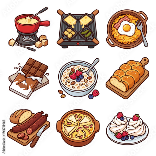 Set of traditional Swiss food icons including fondue and raclette vector illustration