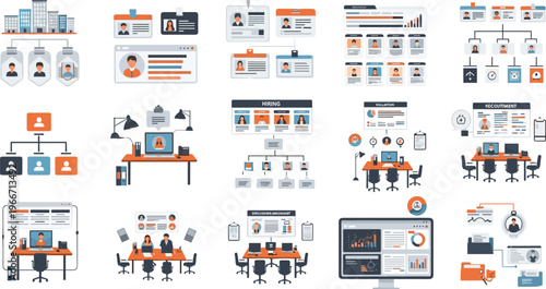 Business Organization Structure and Corporate Workflow Icon Set with Team Hierarchy Office Management Collaboration and Company Operations Elements.