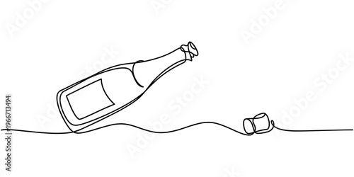 Continuous Line Art Illustration of Champagne Bottle Uncorking with Bubbles Rising Festive Celebration Minimal Style