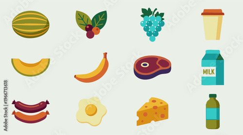 Flat design vector icons of various food and drink items on a white background