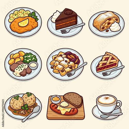 Traditional Austrian food and dessert collection including schnitzel and strudel vector illustration