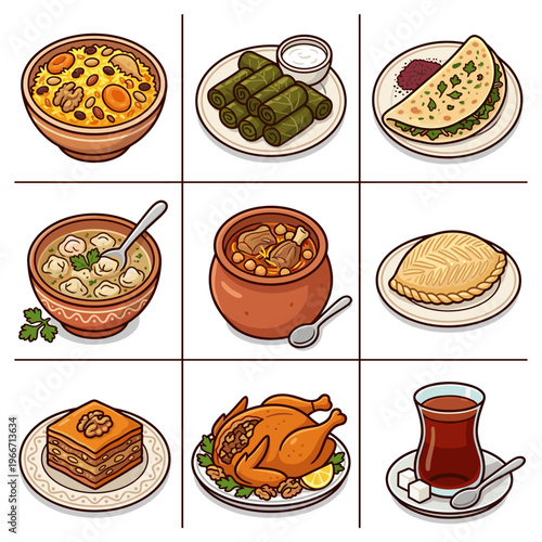 Traditional Azerbaijani food collection including plov dolma and baklava vector illustration