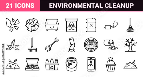 Waste Management and Ecological Cleanup Line Art. Minimalist monoline geometric line art for environmental sanitation and recycling.
