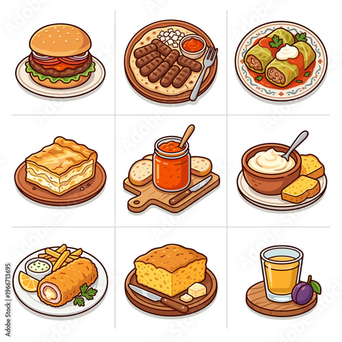 Traditional Balkan and Serbian cuisine icons featuring cevapi and rakija cartoon vector illustration