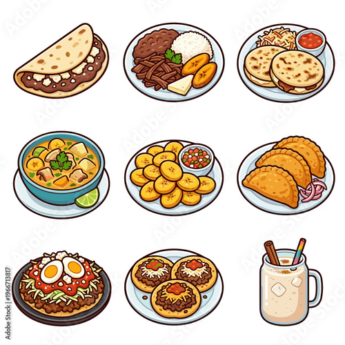 Traditional Central American food dishes isolated on white background vector illustration