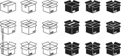 Black and White Line Art Packaging Box Icon Set with Open, Closed, and Stacked Box Designs for E-Commerce and Shipping.