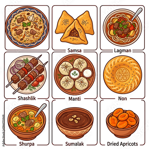 Traditional Central Asian and Uzbek cuisine dishes set vector illustration