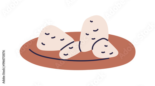 Soft cheese chunks served on plate. Gourmet dairy product pieces. Curd, goat chees, natural organic food, snack. Homemade milky produce. Flat vector illustration isolated on white background