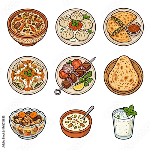 Traditional Central Asian food set isolated on white background featuring plov and kebab vector illustration