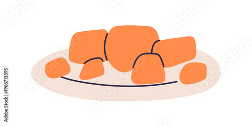 Hard cheese chunks served on plate. Gourmet dairy product pieces. Yellow cheddar chees, natural organic food, snack. Milk produce, delicacy. Flat vector illustration isolated on white background