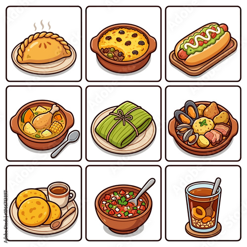 Traditional Chilean cuisine icon set featuring empanada and pastel de choclo cartoon illustration