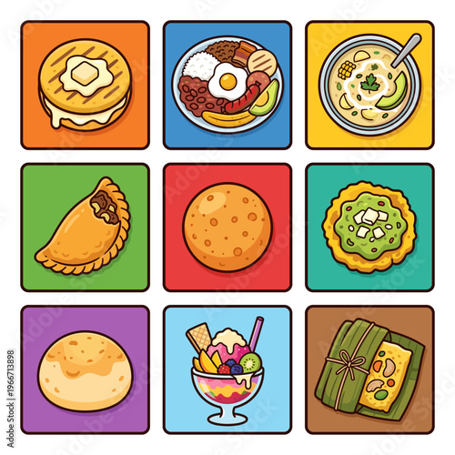 Traditional Colombian food icons set in flat cartoon vector illustration style