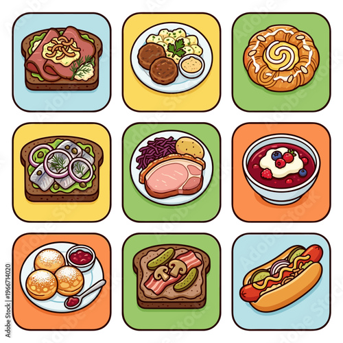 Traditional Danish food icons presented in colorful grid vector illustration