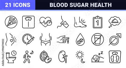 Diabetes Healthcare and Glucose Monitoring Pixel-Perfect Thin Line Art Icons for Clinical Medical Apps and Patient Education Materials