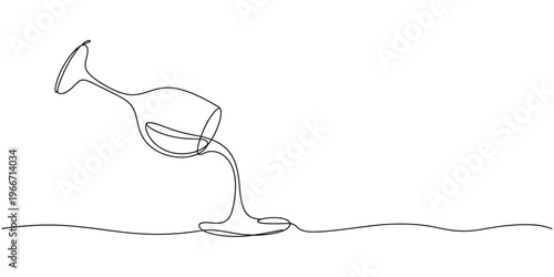 Continuous one line art drawing of a tipped wine glass spilling liquid, symbolizing an accident, mess, or an unfortunate event in minimalist style.